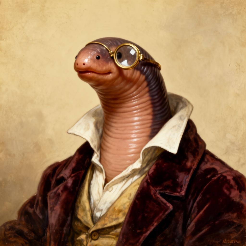 Studio portrait of the resident worm, in monocle and velvet jacket